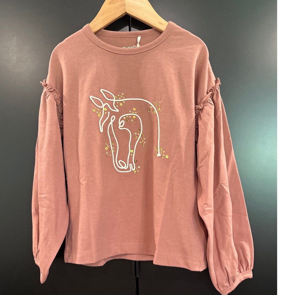 Minymo Girls Horse Sequin Ruffle Long Sleeve Top Pink Size 5Y 110 Organic Cotton